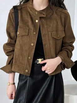 COMMENSE Outerwear|Jackets^Suede Button Short Jacket LightBrown