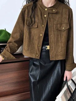 COMMENSE Outerwear|Jackets^Suede Button Short Jacket LightBrown