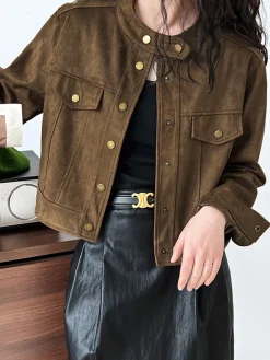 COMMENSE Outerwear|Jackets^Suede Button Short Jacket LightBrown