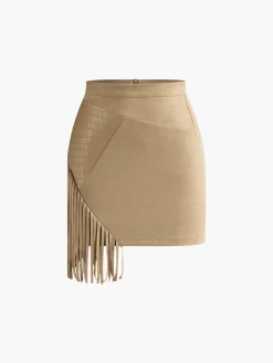 COMMENSE Bottoms^Suede Irregular Tassel Mini Skirt Brown