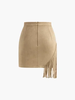 COMMENSE Bottoms^Suede Irregular Tassel Mini Skirt Brown
