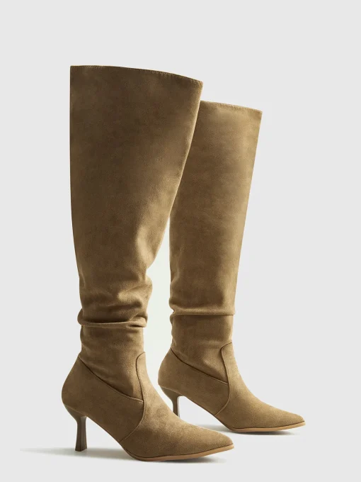 COMMENSE Shoes|Accessories^Suede Ruched Knee-High Boots Khaki