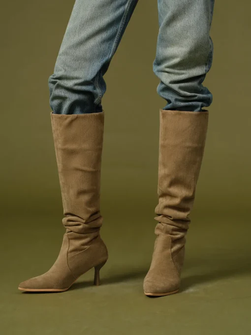 COMMENSE Shoes|Accessories^Suede Ruched Knee-High Boots Khaki
