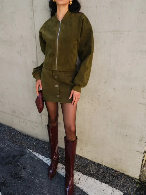 COMMENSE Outerwear|Jackets^Suede Zipper Short Jacket Green