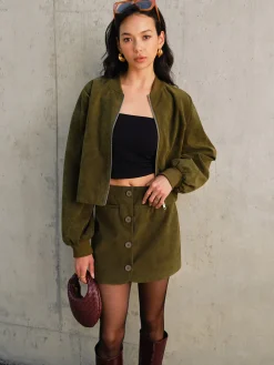 COMMENSE Outerwear|Jackets^Suede Zipper Short Jacket Green
