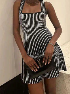 COMMENSE Black Dresses|Casual Dresses^Summer Contrast Trim Striped Short Dress Black
