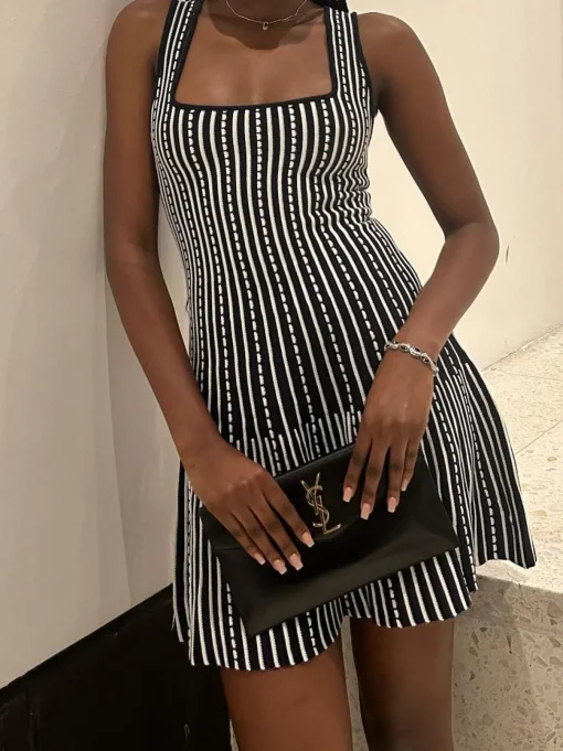 COMMENSE Black Dresses|Casual Dresses^Summer Contrast Trim Striped Short Dress Black