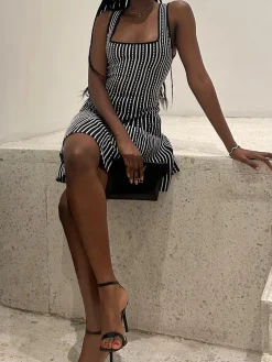 COMMENSE Black Dresses|Casual Dresses^Summer Contrast Trim Striped Short Dress Black