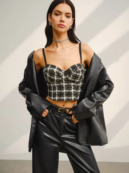 COMMENSE Crop Tops|Tank Tops & Camis^Sweetheart Checked Crop Cami Top Black