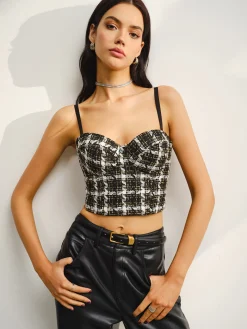 COMMENSE Crop Tops|Tank Tops & Camis^Sweetheart Checked Crop Cami Top Black