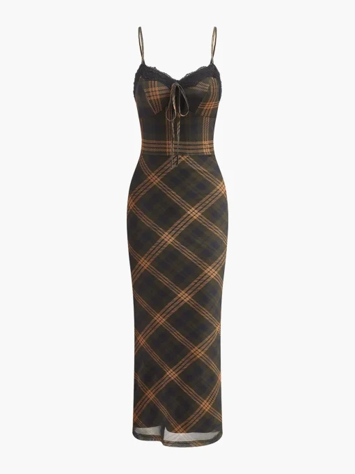 COMMENSE Dresses^Sweetheart Checked Tulle Cami Dress LightBrown