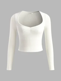 COMMENSE Tops^Sweetheart Ribbed Long Sleeve T-Shirt White