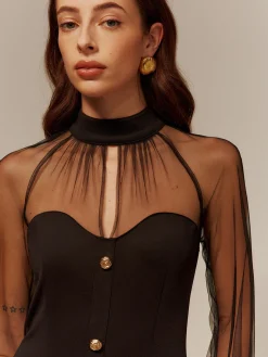 COMMENSE Cocktail & Party Dresses|Short Dresses^Sweetheart Sheer-Detail Slim Dress Black