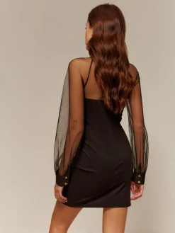 COMMENSE Cocktail & Party Dresses|Short Dresses^Sweetheart Sheer-Detail Slim Dress Black