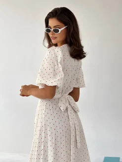 COMMENSE White Dresses|Work Dresses^Sweetheart Textured Knotted Midi Dress White