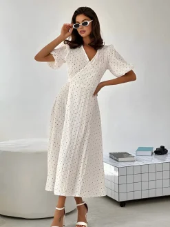 COMMENSE White Dresses|Work Dresses^Sweetheart Textured Knotted Midi Dress White