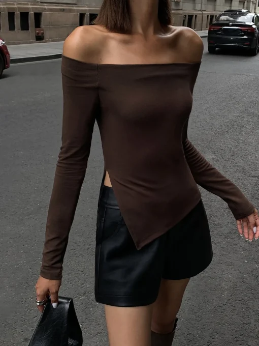 COMMENSE T-shirts|Tops^Terracotta Off Shoulder Long Sleeve Shirt DarkBrown