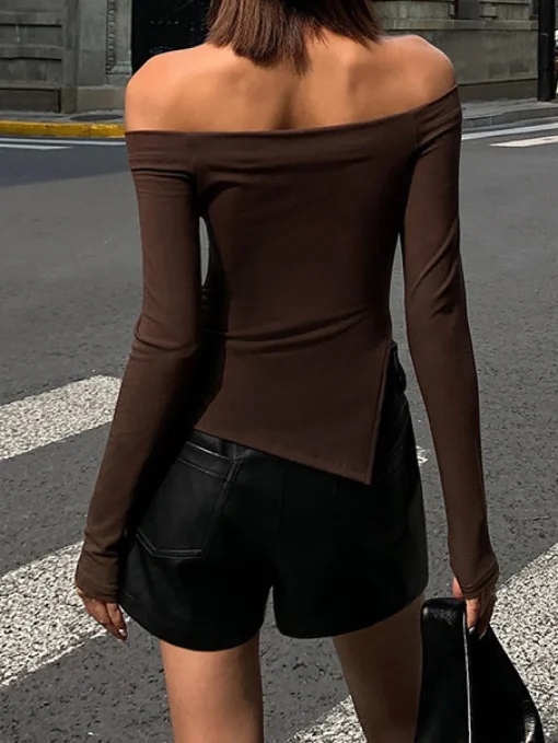 COMMENSE T-shirts|Tops^Terracotta Off Shoulder Long Sleeve Shirt DarkBrown