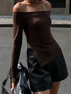 COMMENSE T-shirts|Tops^Terracotta Off Shoulder Long Sleeve Shirt DarkBrown