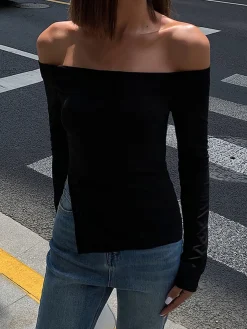 COMMENSE T-shirts|Tops^Terracotta Off Shoulder Long Sleeve Shirt DarkBrown