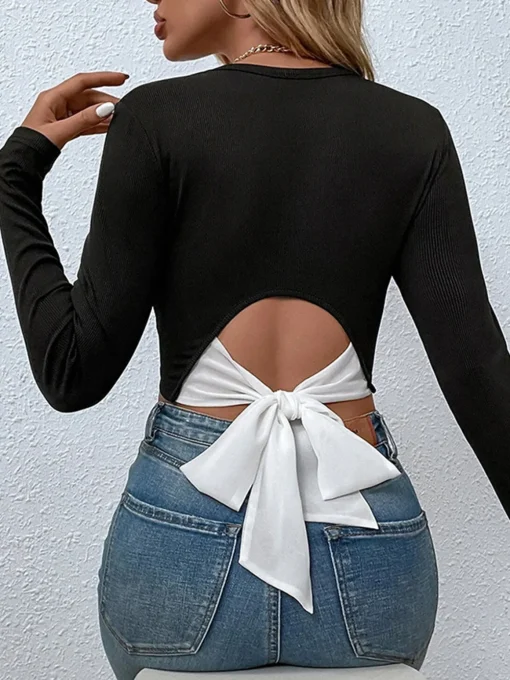 COMMENSE Crop Tops|Blouses & Shirts^Tie Beck Skinny Crop Blouse Black