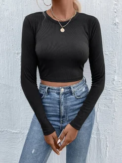 COMMENSE Crop Tops|Blouses & Shirts^Tie Beck Skinny Crop Blouse Black