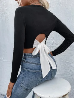 COMMENSE Crop Tops|Blouses & Shirts^Tie Beck Skinny Crop Blouse Black