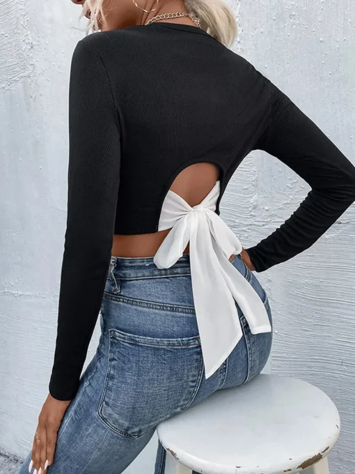 COMMENSE Crop Tops|Blouses & Shirts^Tie Beck Skinny Crop Blouse Black
