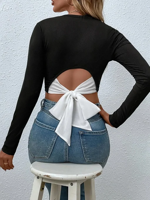 COMMENSE Crop Tops|Blouses & Shirts^Tie Beck Skinny Crop Blouse Black