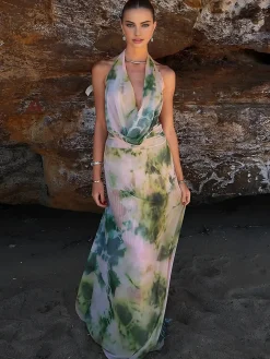 COMMENSE Skirt Sets|Long Sleeve Sets^Tie Dye Print Halter Backless Skirt Set Green