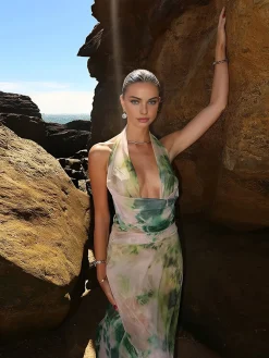COMMENSE Skirt Sets|Long Sleeve Sets^Tie Dye Print Halter Backless Skirt Set Green
