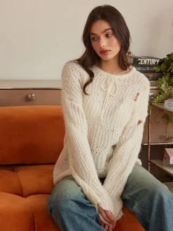 COMMENSE Sweater Tops|Sweaters & Cardigans^Tie Front Hollow Shift Sweater Apricot