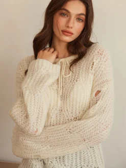 COMMENSE Sweater Tops|Sweaters & Cardigans^Tie Front Hollow Shift Sweater Apricot