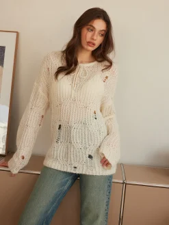 COMMENSE Sweater Tops|Sweaters & Cardigans^Tie Front Hollow Shift Sweater Apricot