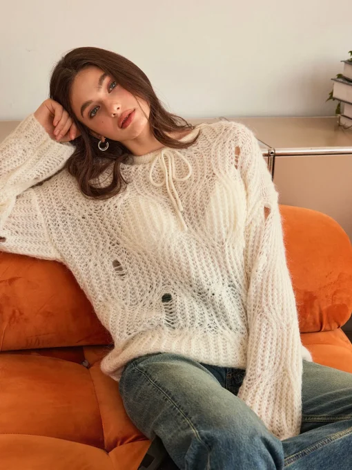 COMMENSE Sweater Tops|Sweaters & Cardigans^Tie Front Hollow Shift Sweater Apricot