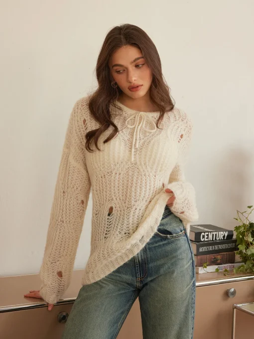 COMMENSE Sweater Tops|Sweaters & Cardigans^Tie Front Hollow Shift Sweater Apricot