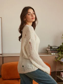 COMMENSE Sweater Tops|Sweaters & Cardigans^Tie Front Hollow Shift Sweater Apricot