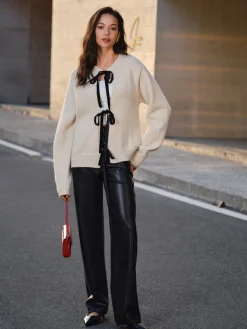 COMMENSE Sweater Tops|Sweaters & Cardigans^Tie Front Knit Top Khaki