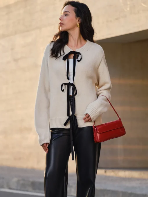 COMMENSE Sweater Tops|Sweaters & Cardigans^Tie Front Knit Top Khaki