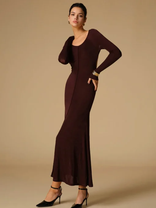 COMMENSE Cocktail & Party Dresses|Long Dresses^Tie Neck Backless Jersey Long Dress Burgundy
