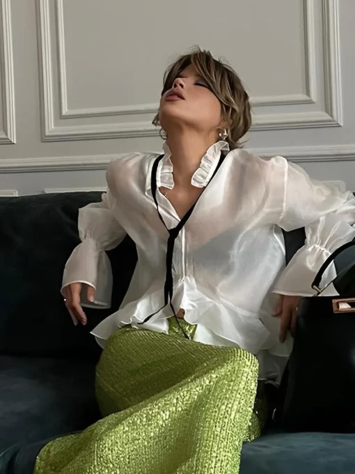 COMMENSE Blouses & Shirts|Tops^Tie-Neck Ruffle Shirt White