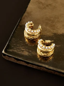COMMENSE Earrings|Accessories^Triple-Layer Pearl Detail Hoop Earrings Gold