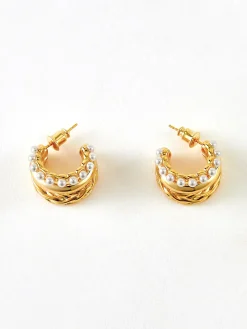 COMMENSE Earrings|Accessories^Triple-Layer Pearl Detail Hoop Earrings Gold