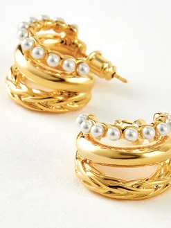 COMMENSE Earrings|Accessories^Triple-Layer Pearl Detail Hoop Earrings Gold