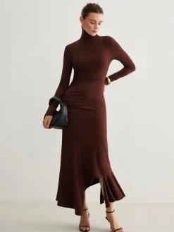 COMMENSE Casual Dresses|Cocktail & Party Dresses^Turtleneck Irregular Pleated Long Dress Burgundy