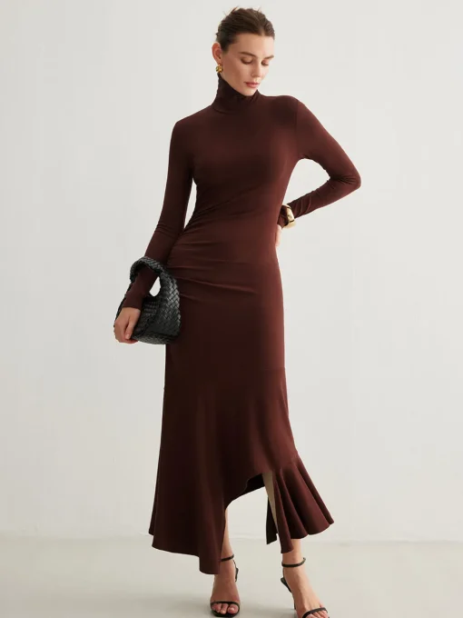 COMMENSE Casual Dresses|Cocktail & Party Dresses^Turtleneck Irregular Pleated Long Dress Burgundy