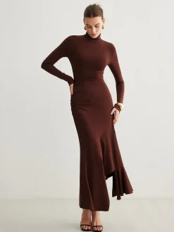 COMMENSE Casual Dresses|Cocktail & Party Dresses^Turtleneck Irregular Pleated Long Dress Burgundy