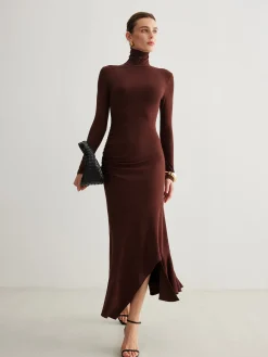 COMMENSE Casual Dresses|Cocktail & Party Dresses^Turtleneck Irregular Pleated Long Dress Burgundy