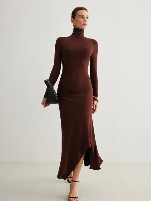 COMMENSE Casual Dresses|Cocktail & Party Dresses^Turtleneck Irregular Pleated Long Dress Burgundy