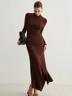 COMMENSE Casual Dresses|Cocktail & Party Dresses^Turtleneck Irregular Pleated Long Dress Burgundy